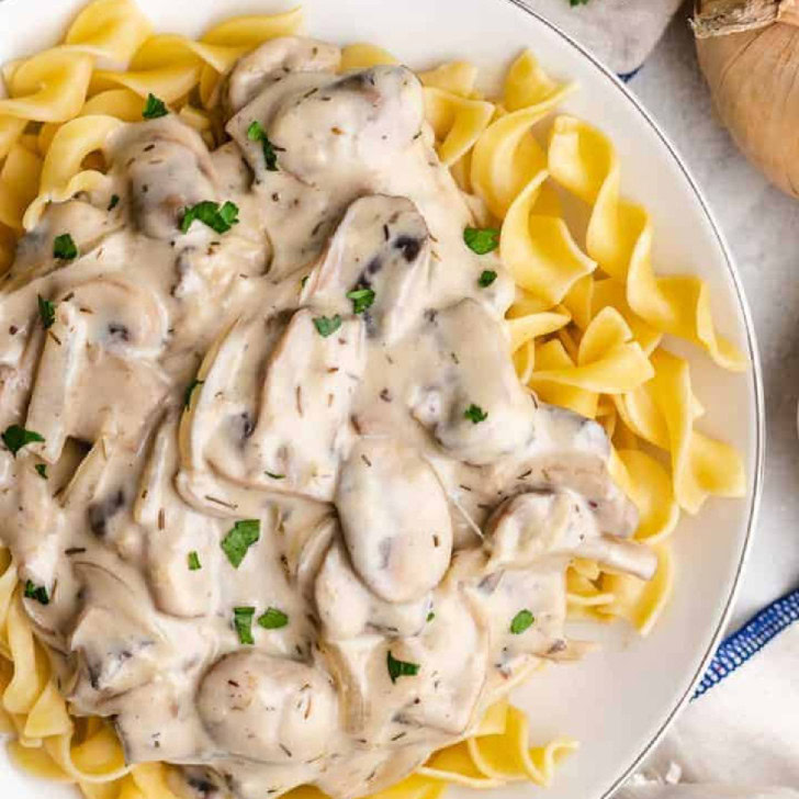 Mushroom stroganoff on egg noodles.