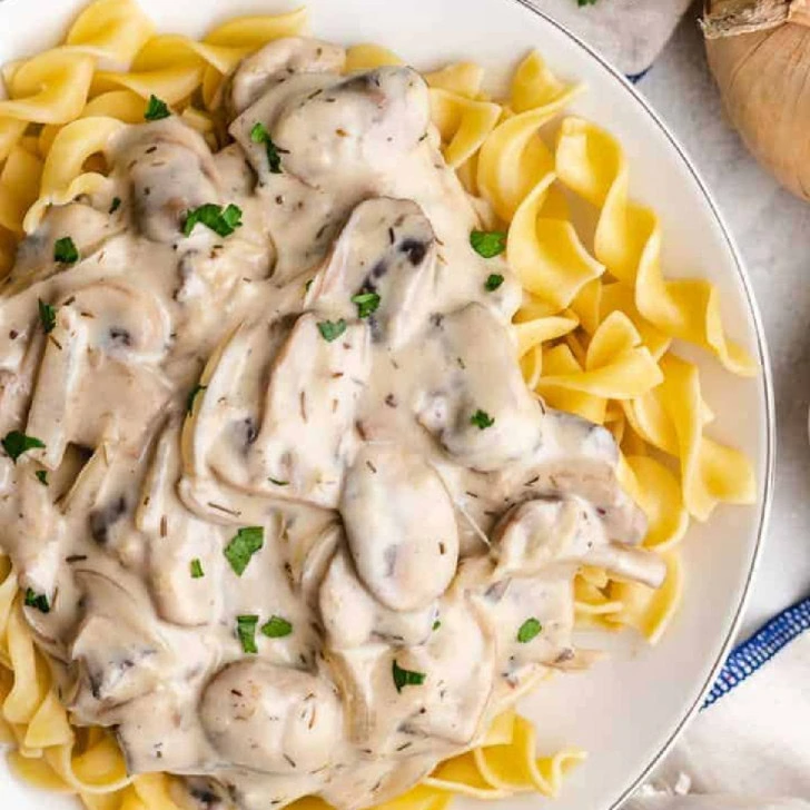 Mushroom stroganoff on egg noodles.