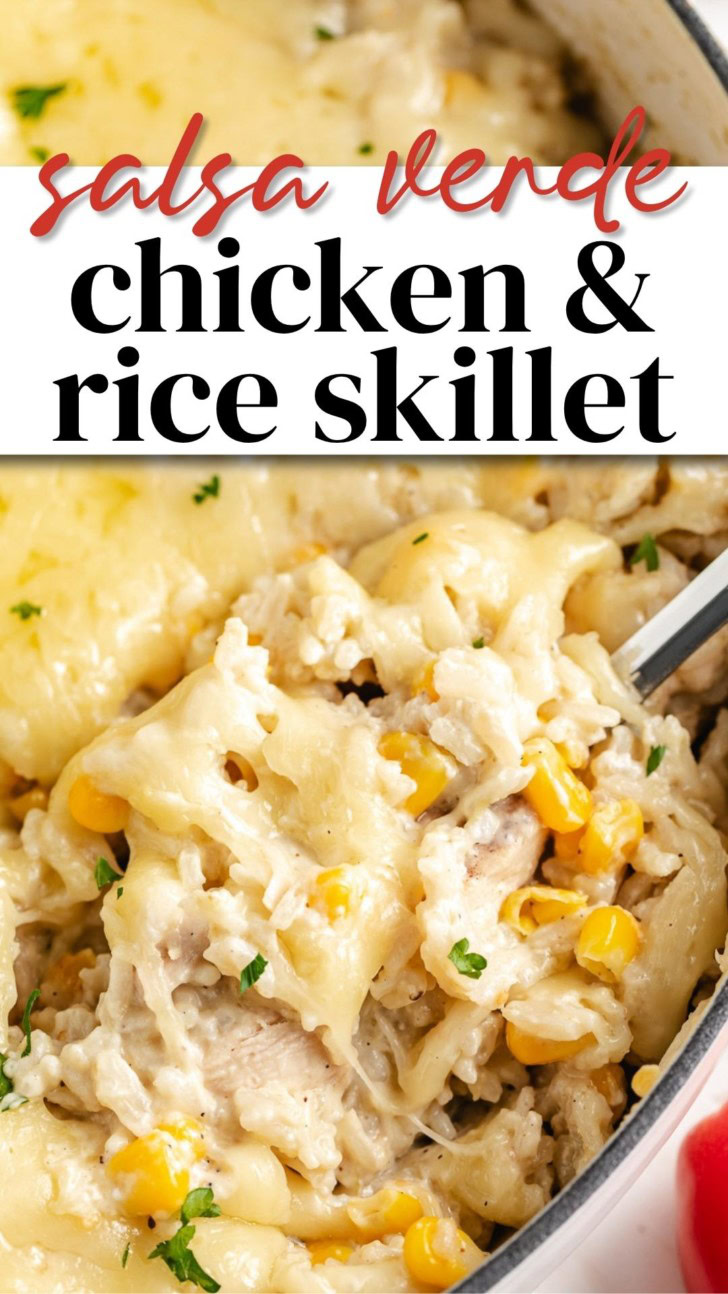 Close up view of cheesy salsa verde chicken and rice in a skillet.
