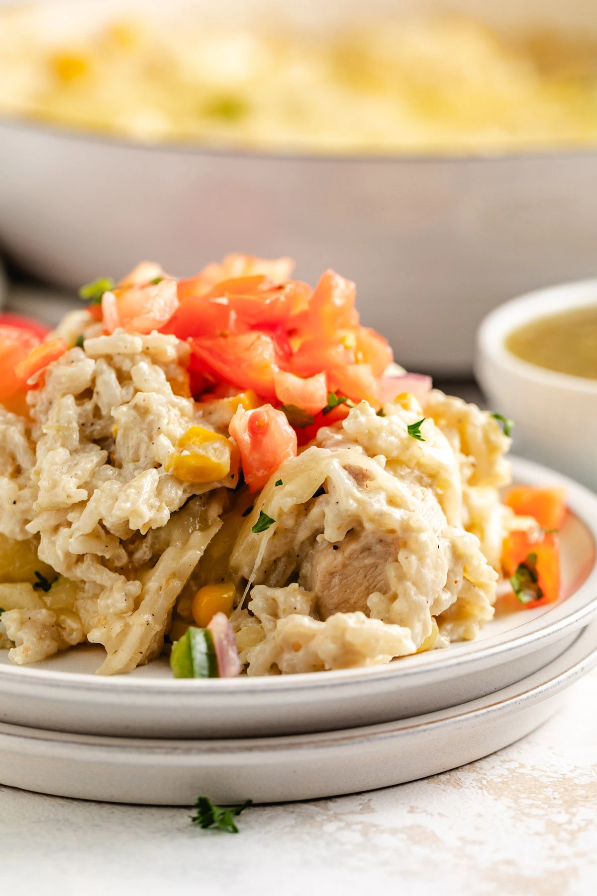Close-up of creamy chicken and rice with diced tomatoes and salsa verde.