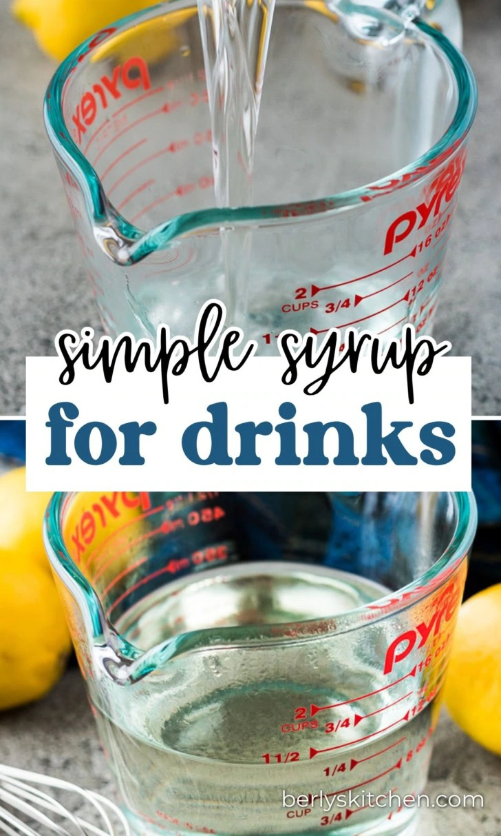 Collage showing two photos of simple syrup for cocktails.