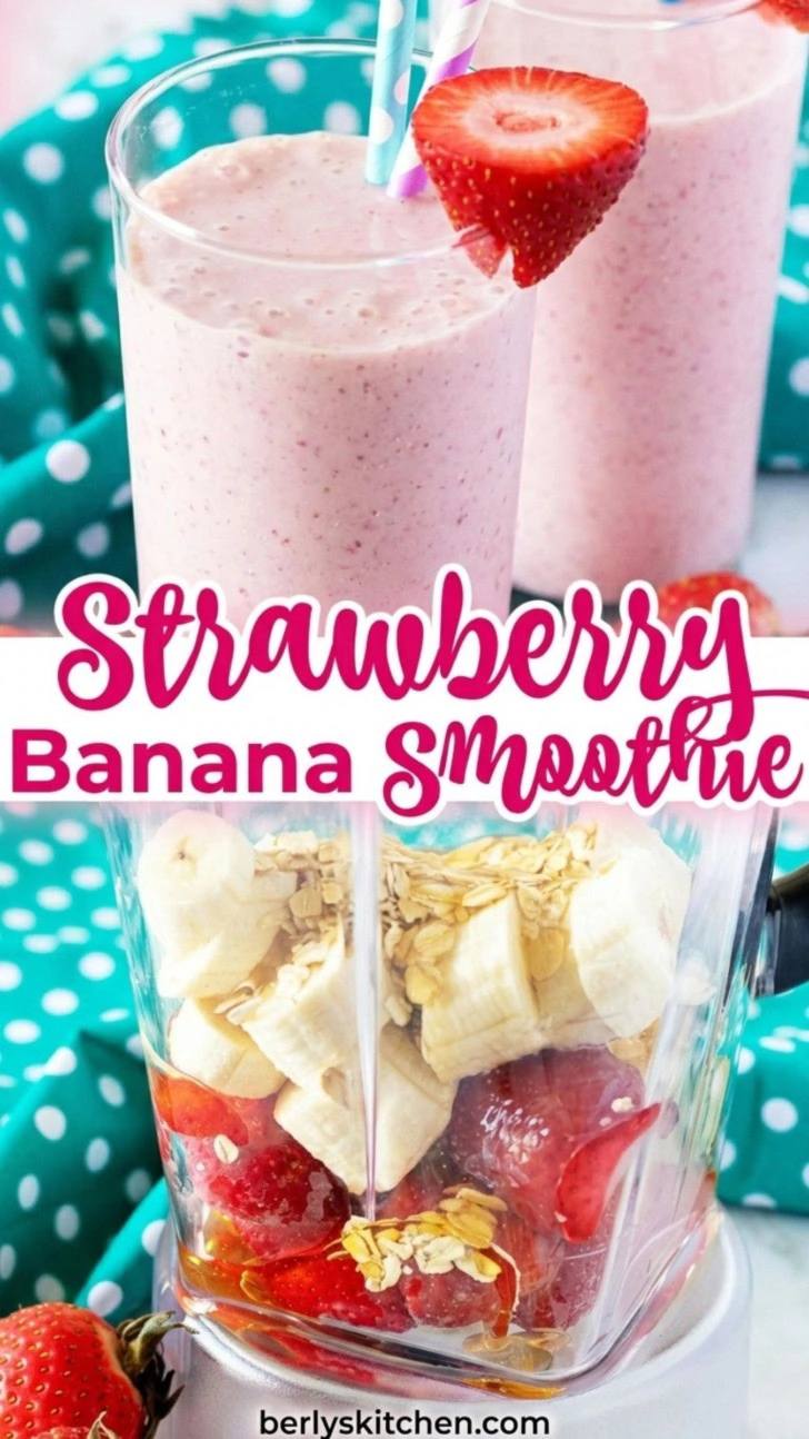 Collage showing two photos of a strawberry banana smoothie with text overlay.