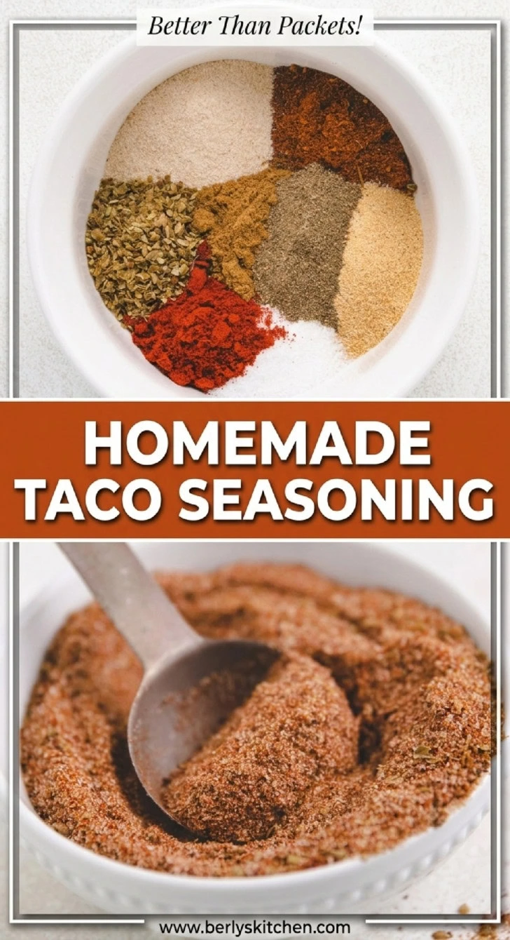 Collage showing two photos of taco seasoning and ingredients.