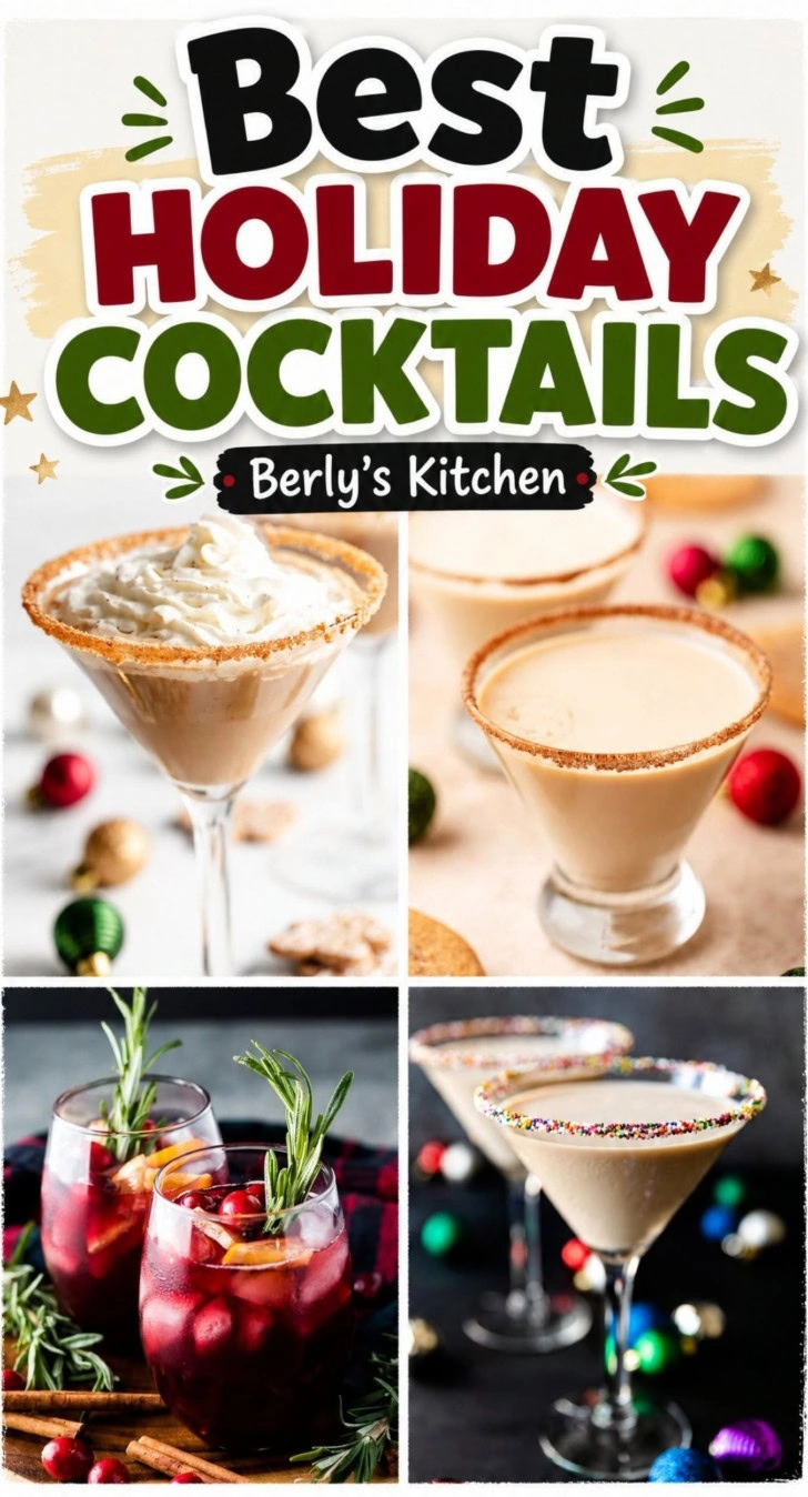 Collage showing different photos of holiday cocktails.