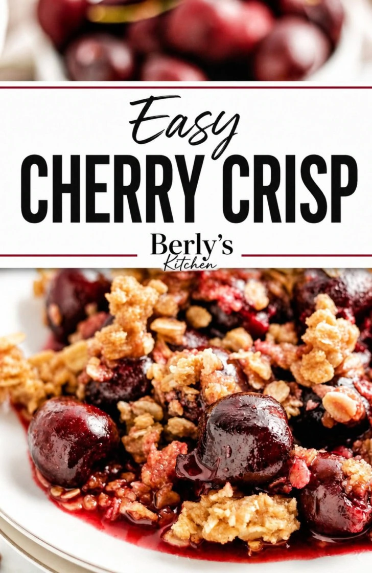 Close up view of cherry crisp on two white plates.
