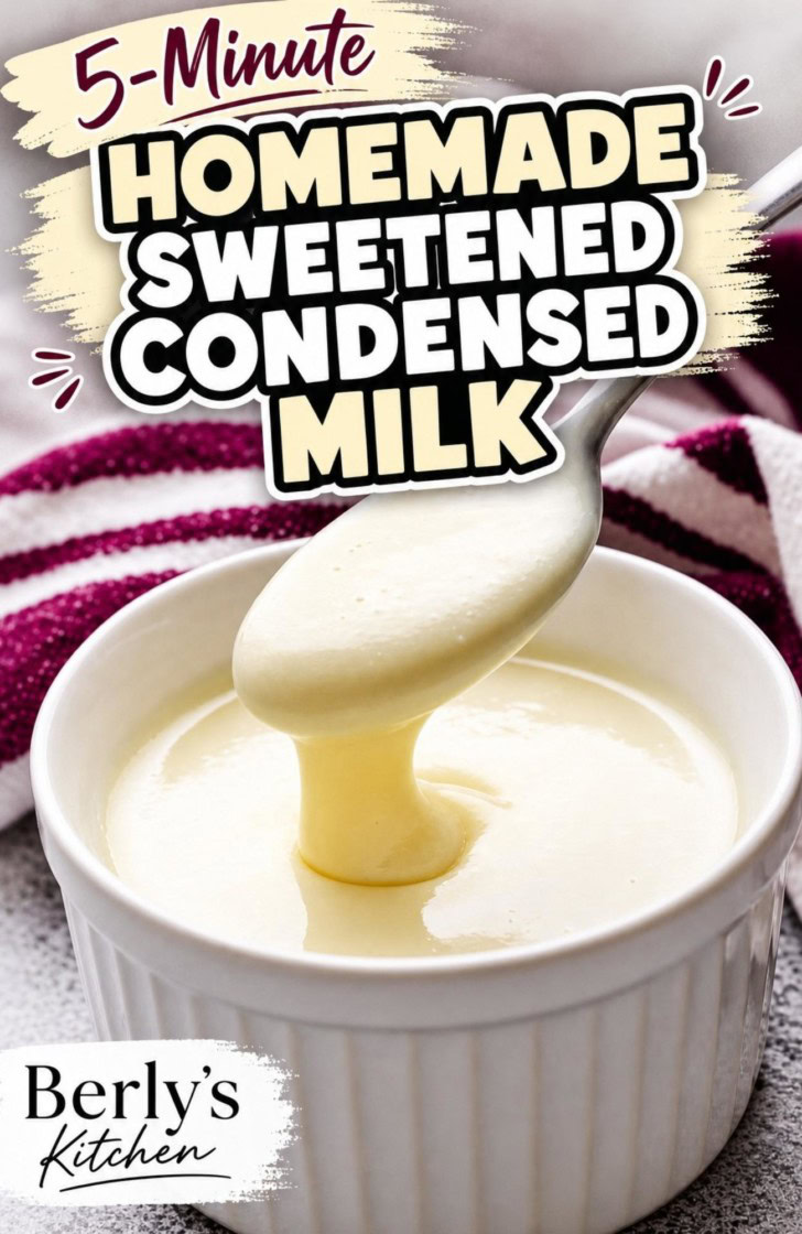 Bowl of homemade sweetened condensed milk with a spoon.