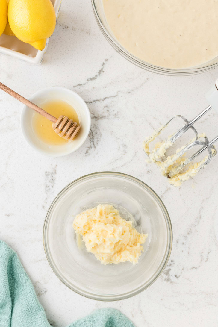 Honey butter mixed in a glass bowl.