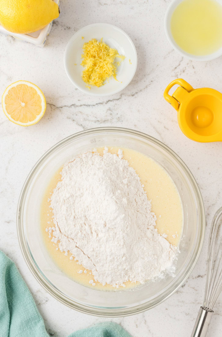 Flour added to lemon ricotta pancake batter.