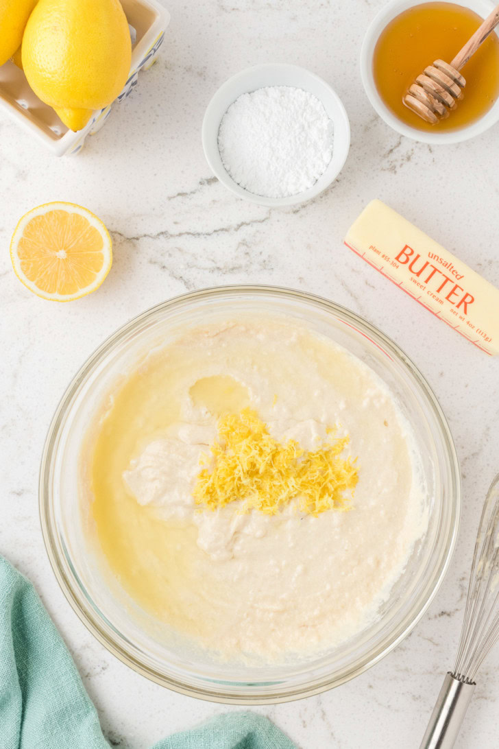 Lemon juice and zest added to pancake batter.
