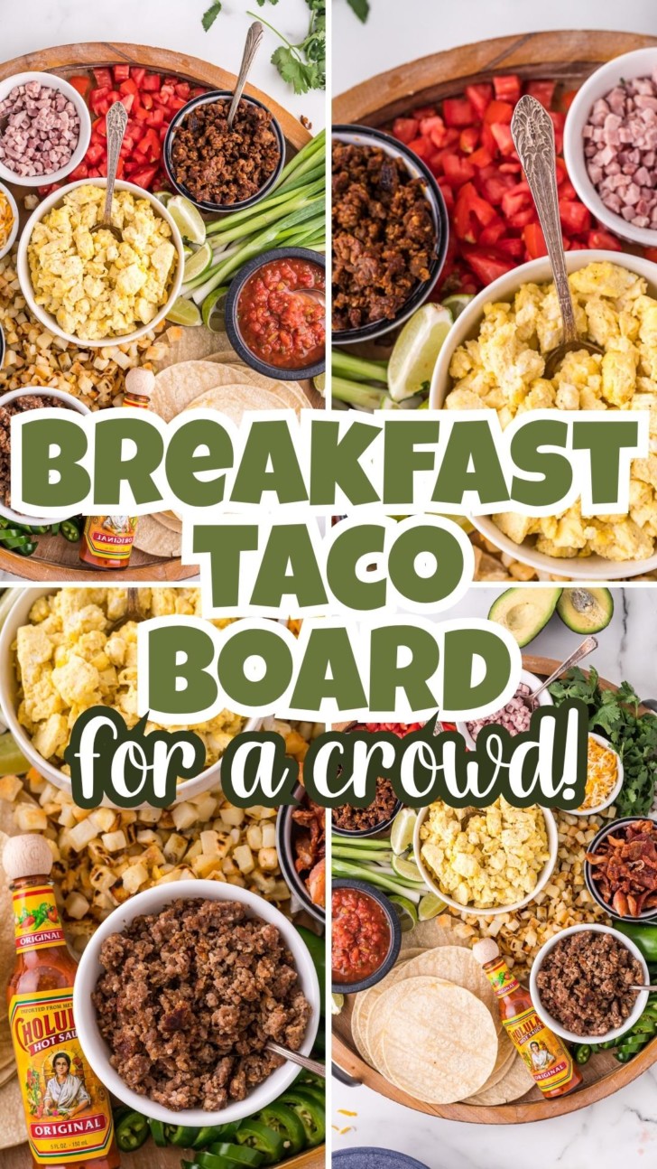 Collage showing four photos of a breakfast taco board.