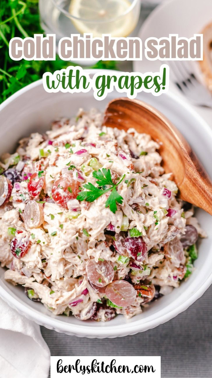 Close up view of cold chicken salad in a white dish.