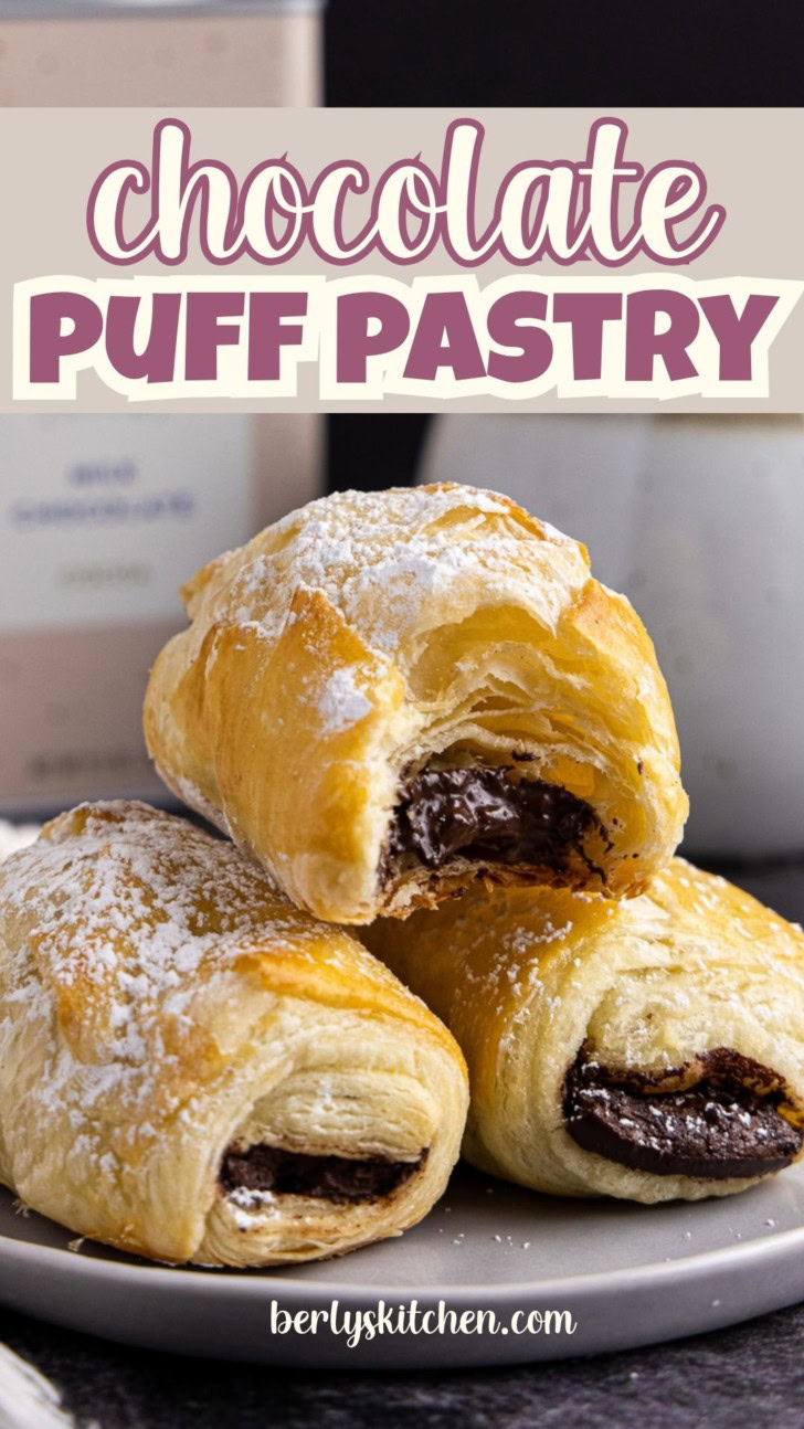 Chocolate puff pastry graphic with powdered sugar and a cut pastry showing the chocolate filling.