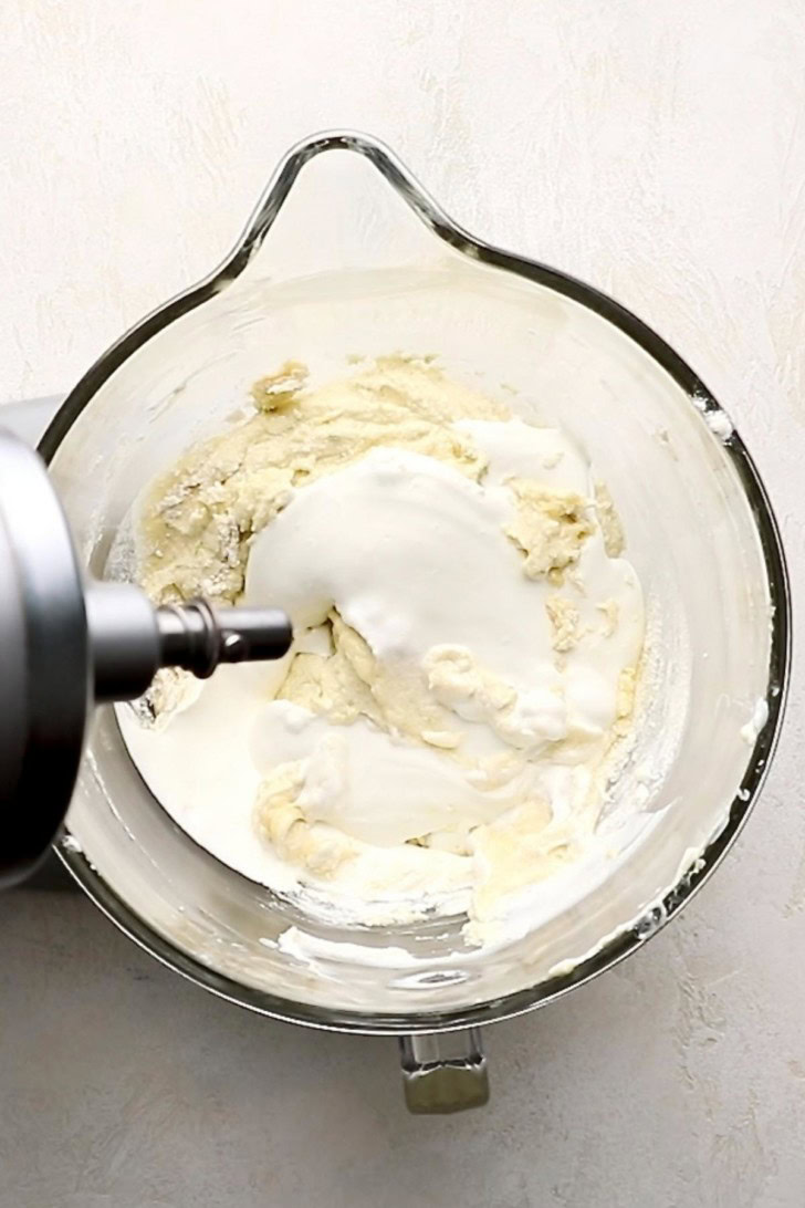 Sour cream mixed into key lime pound cake batter.