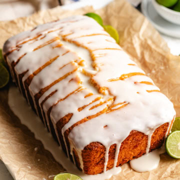 Glazed key lime pound cake with fresh limes.