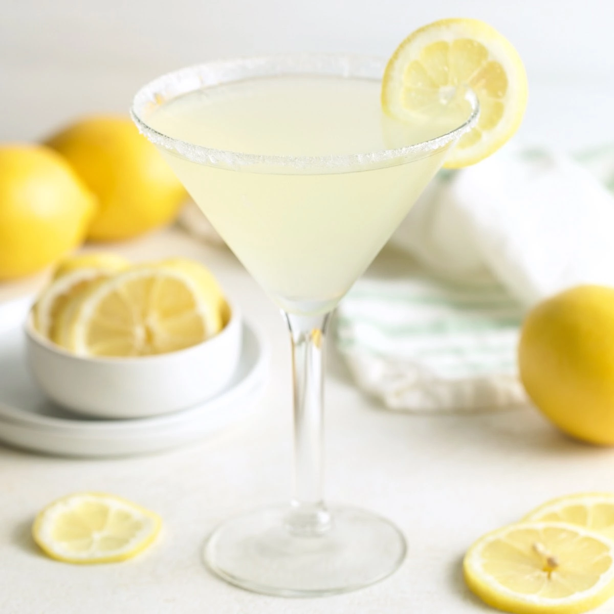 Lemon drop cocktail with a sugared rim, lemon garnish, and fresh lemons.