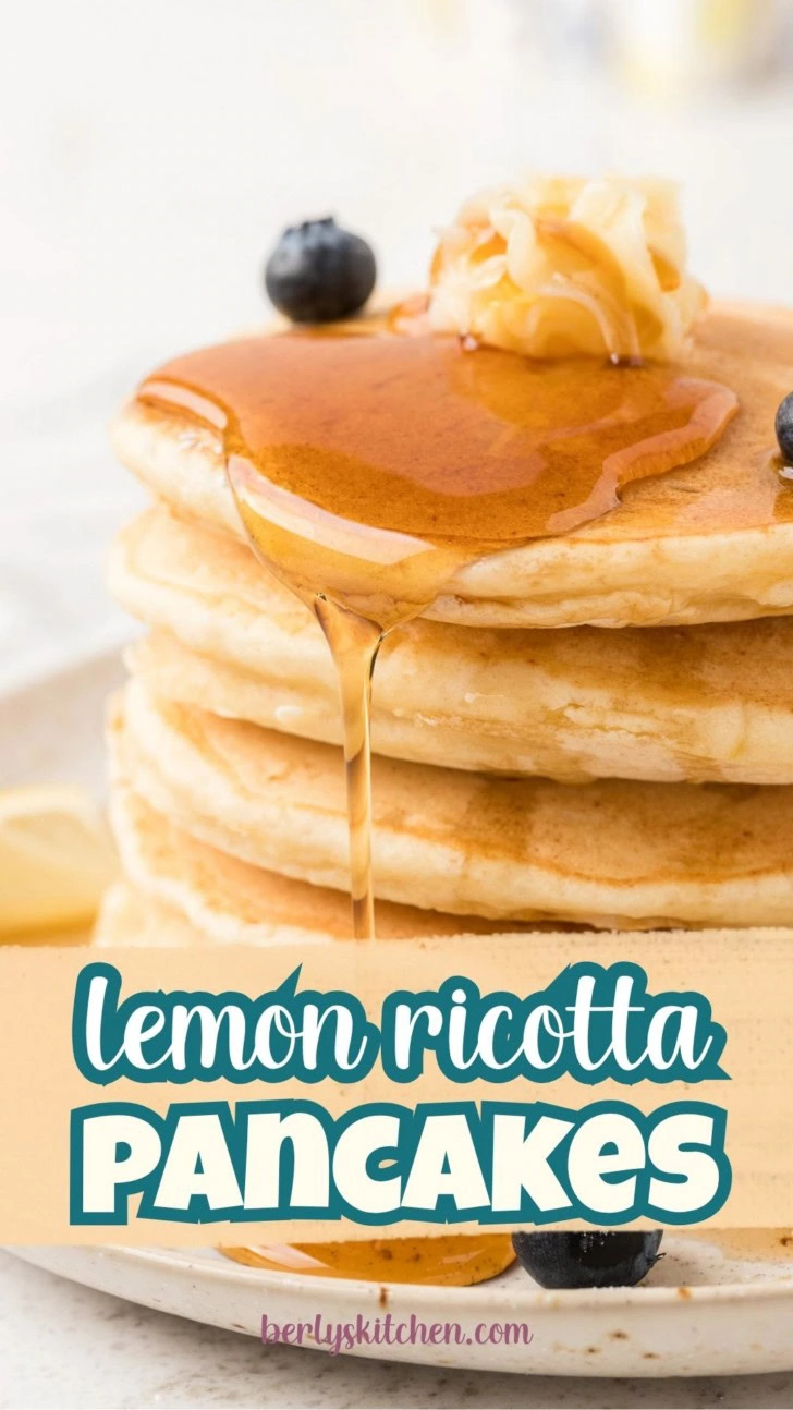 Stack of lemon ricotta pancakes with syrup.