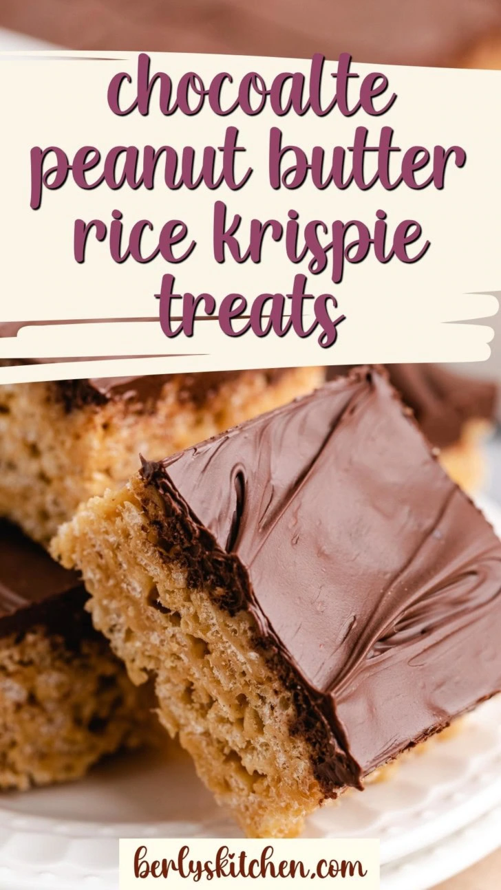 Close up view of peanut butter rice krispie treats on a white plate.