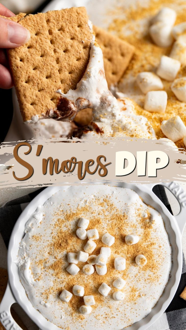 S’mores dip graphic with graham crackers and mini marshmallows.