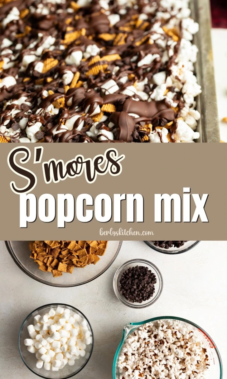 S'mores popcorn mix recipe graphic with popcorn, cereal, marshmallows, and chocolate.