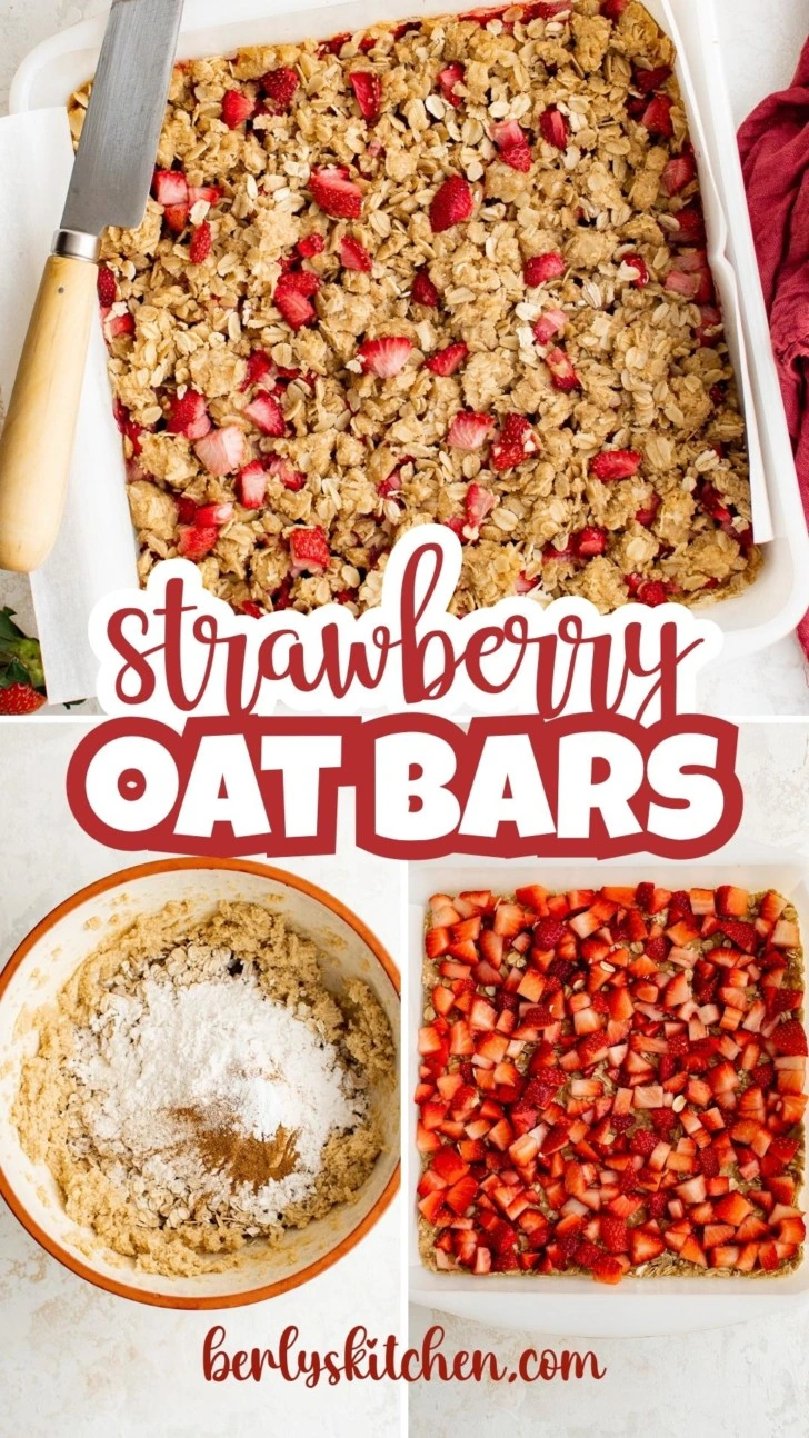 Collage of three photos showing how to make strawberry oatmeal bars.