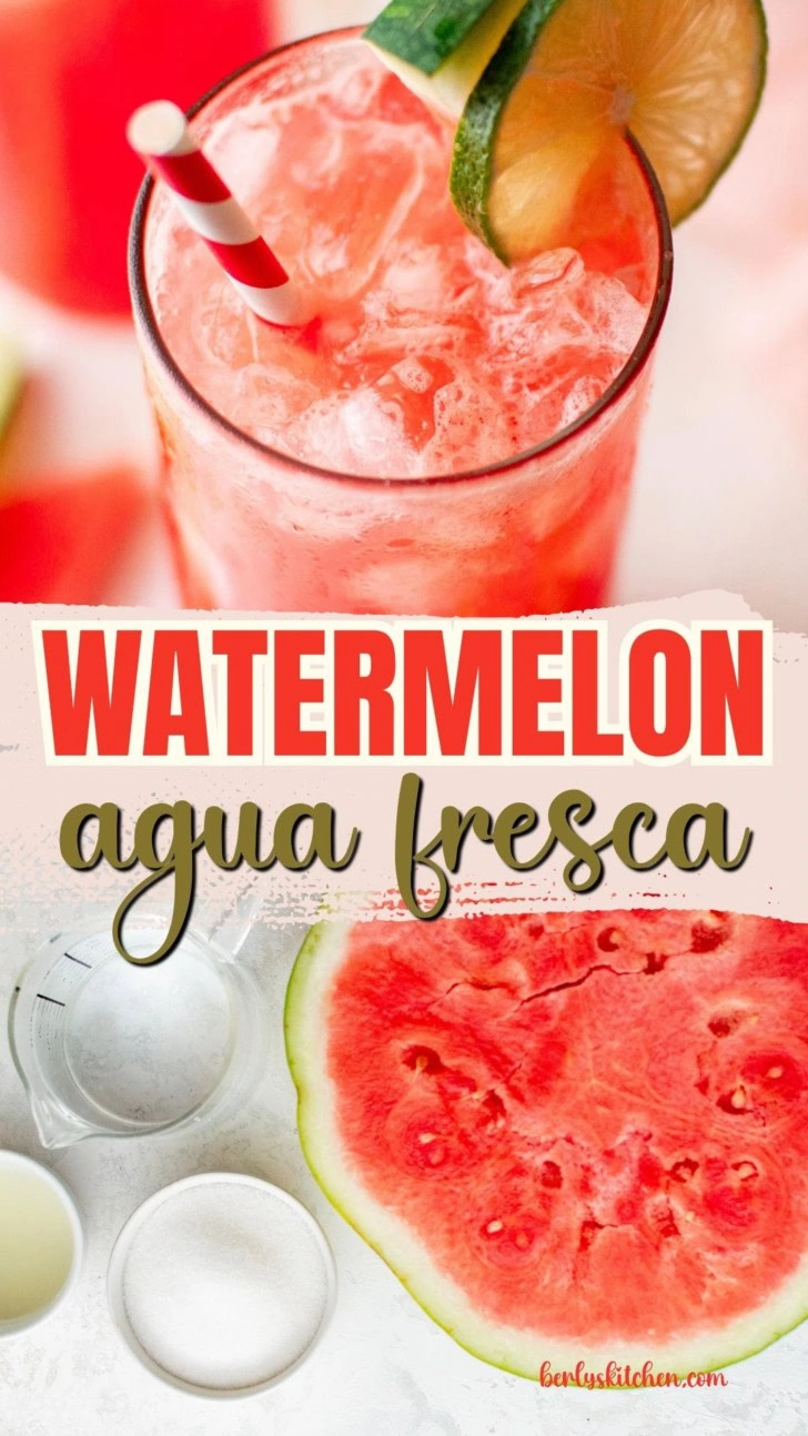 Collage showing two photos of watermelon agua fresca.