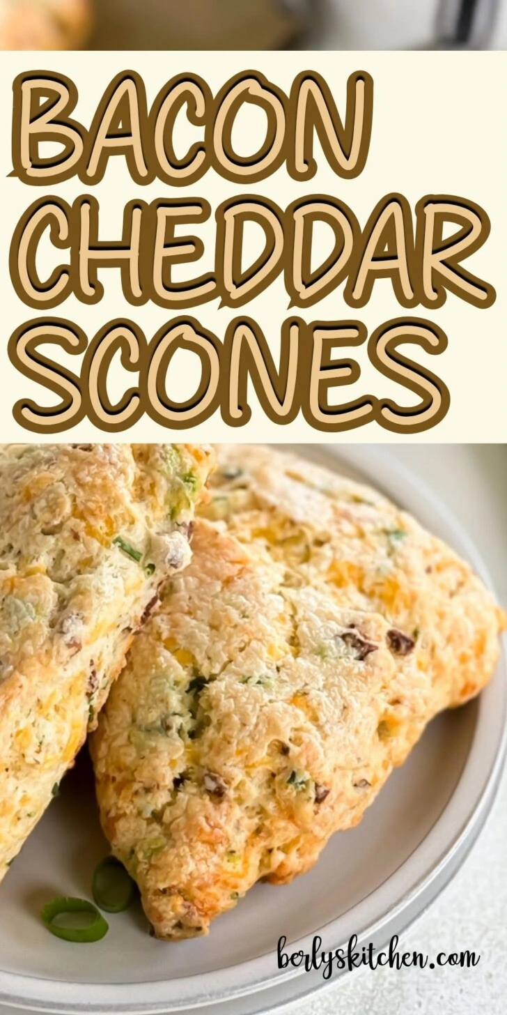 Close up view of bacon cheddar scones on a plate.