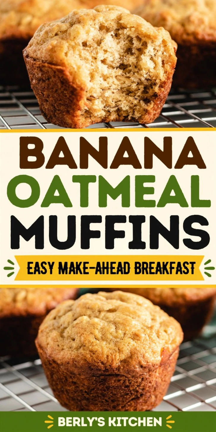 Collage showing two photos of banana oat muffins on a wire rack.