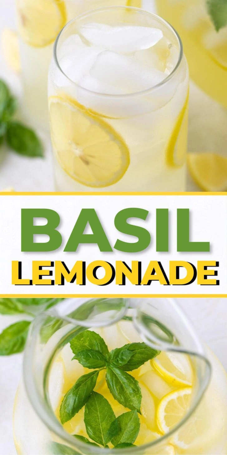 Collage showing two photos of basil lemonade.