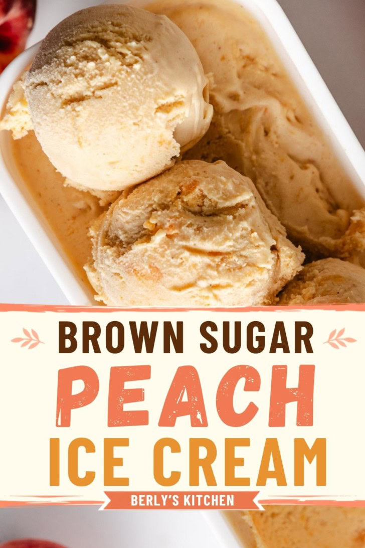 Overhead view of scoops of brown sugar peach ice craem.