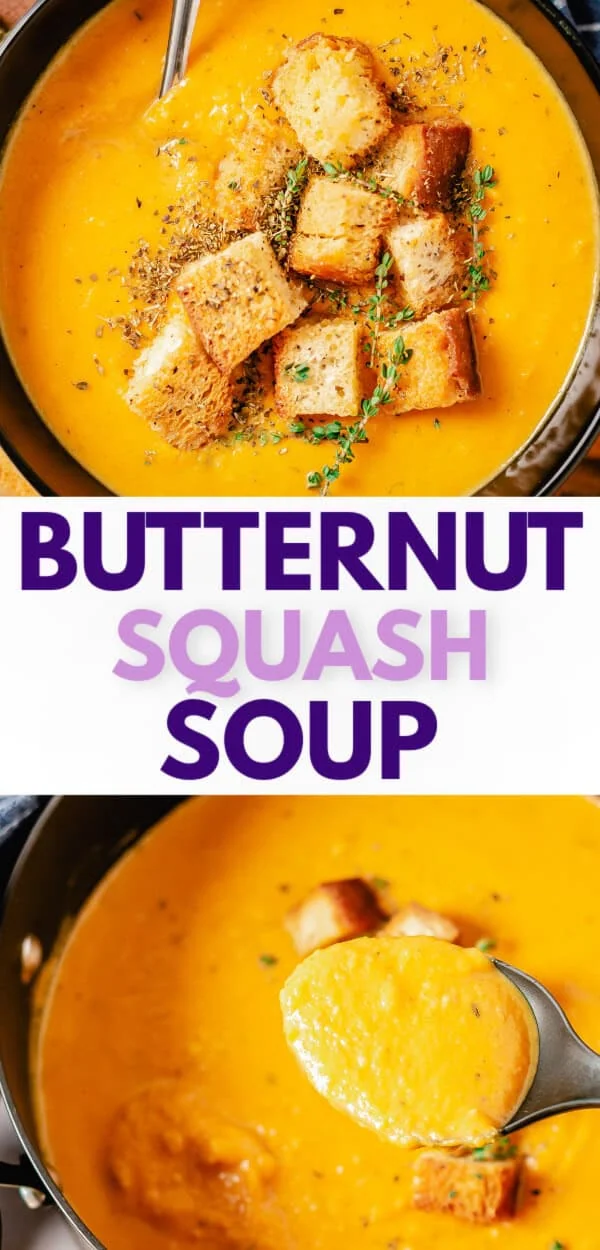 Collage showing two photos of butternut squash soup.