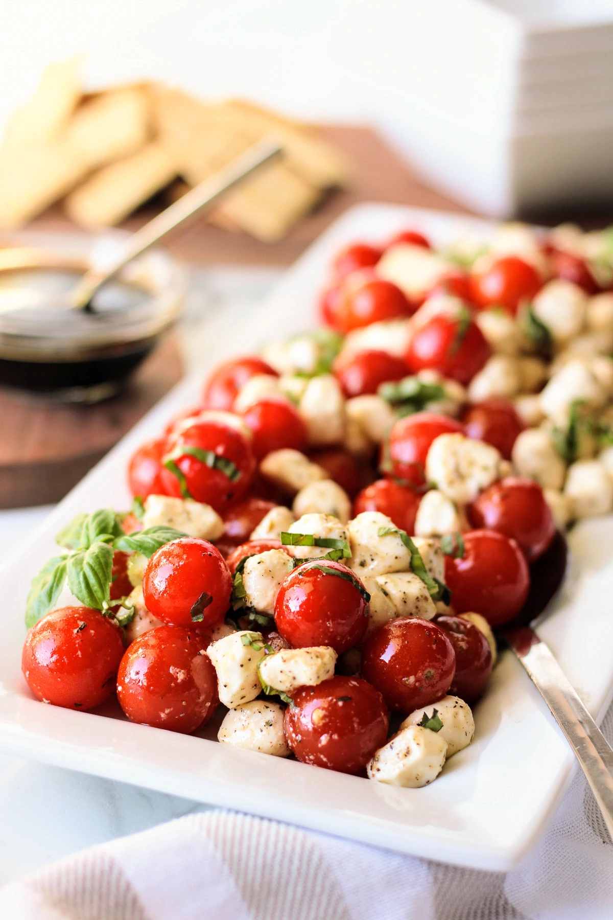 Close up view of caprese salad on a white dish.