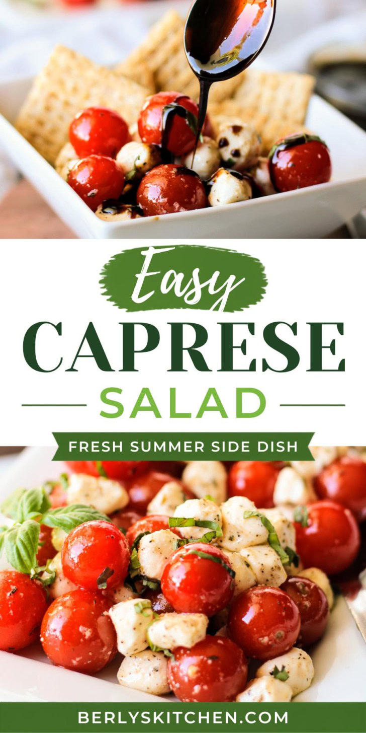 Collage showing two photos of caprese salad with balsamic glaze.