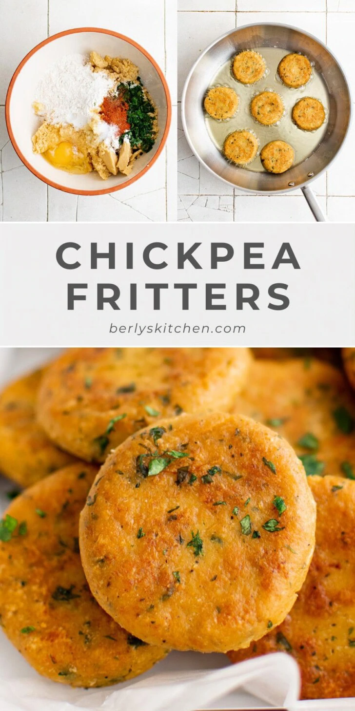 Collage showing several photos of chickpea fritters being made.