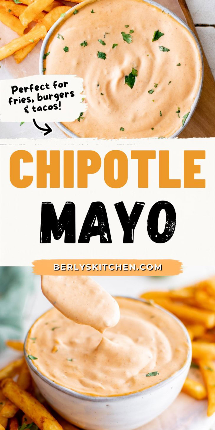 Collage showing two photos of homemade chipotle mayo.