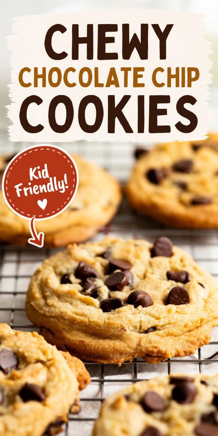 Chocolate chip cookies cooling on a rack.