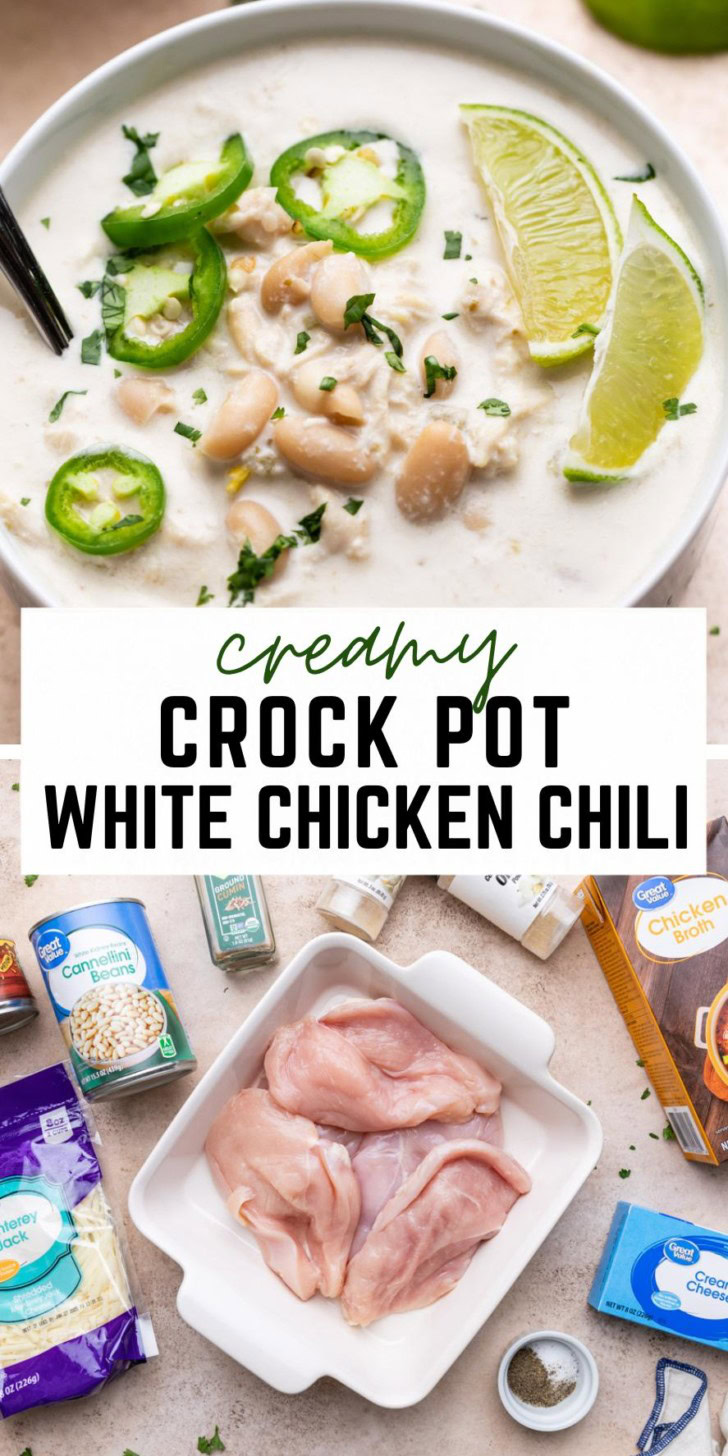 Collage showing two photos of white chicken chili and its ingredients.