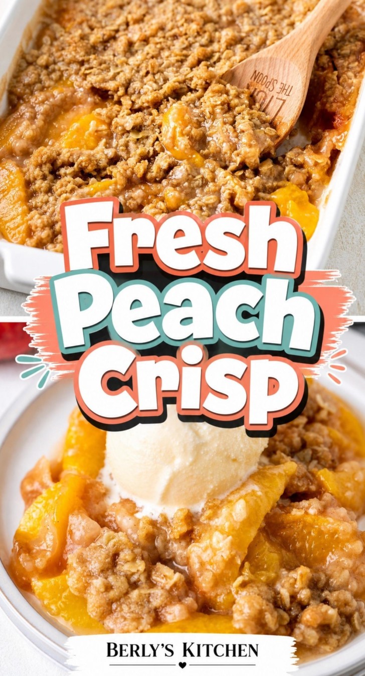 Collage showing two photos for fresh peach crisp.