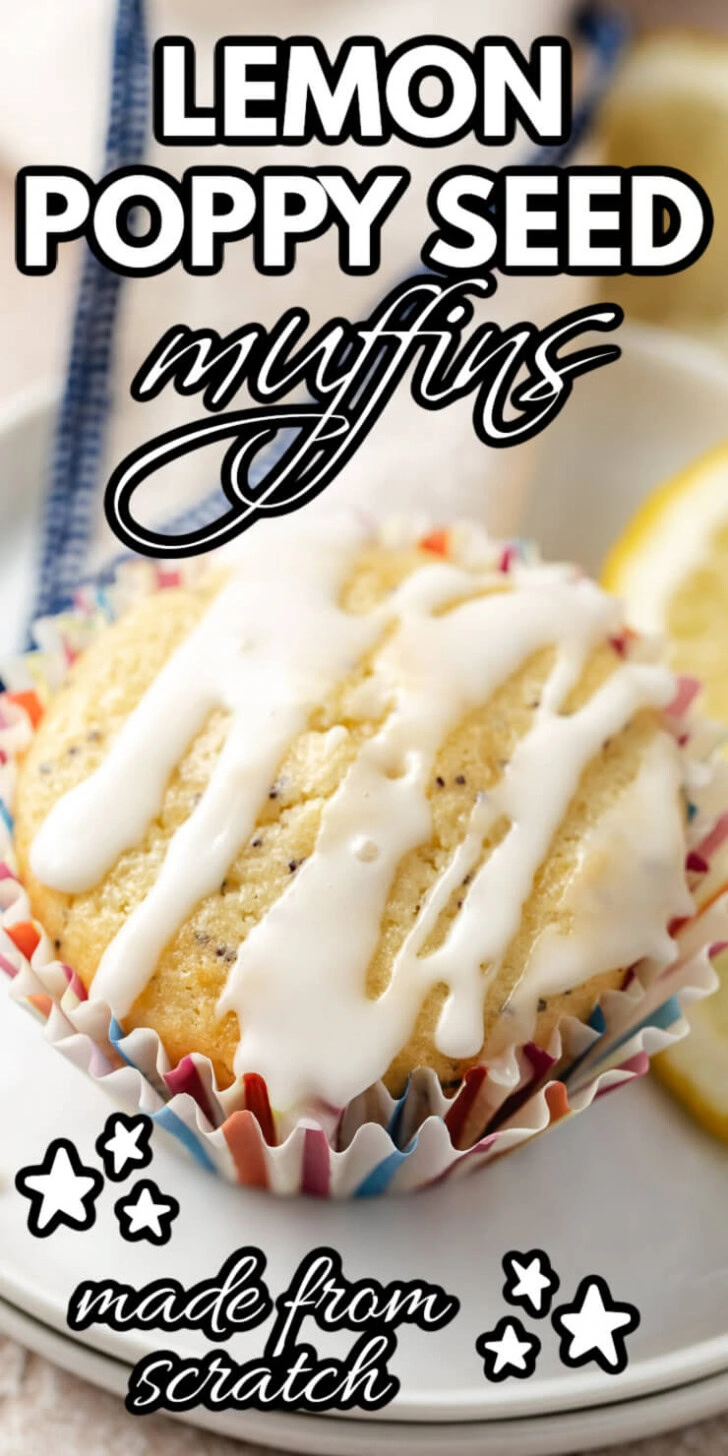 Icing drizzled over lemon poppy seed muffin.