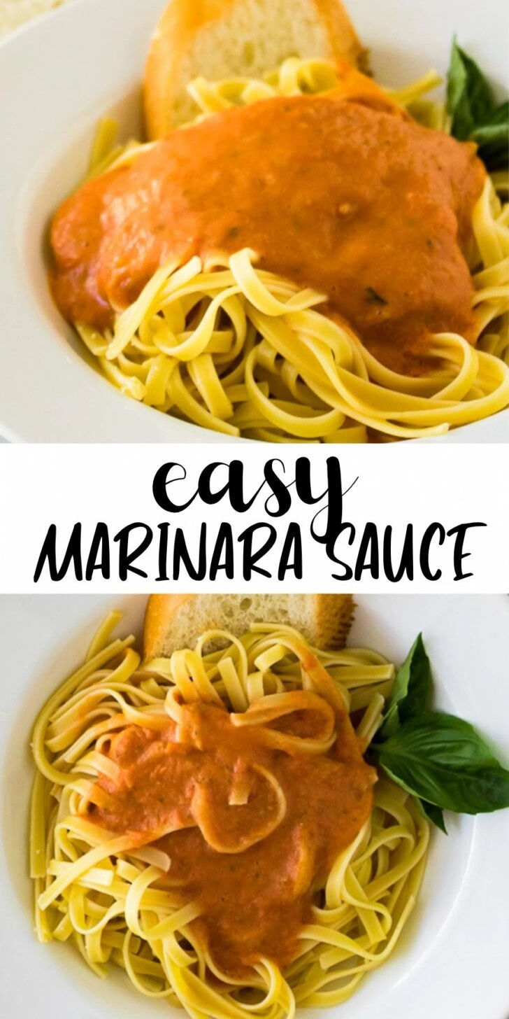 Collage showing two photos of marinara sauce over pasta.