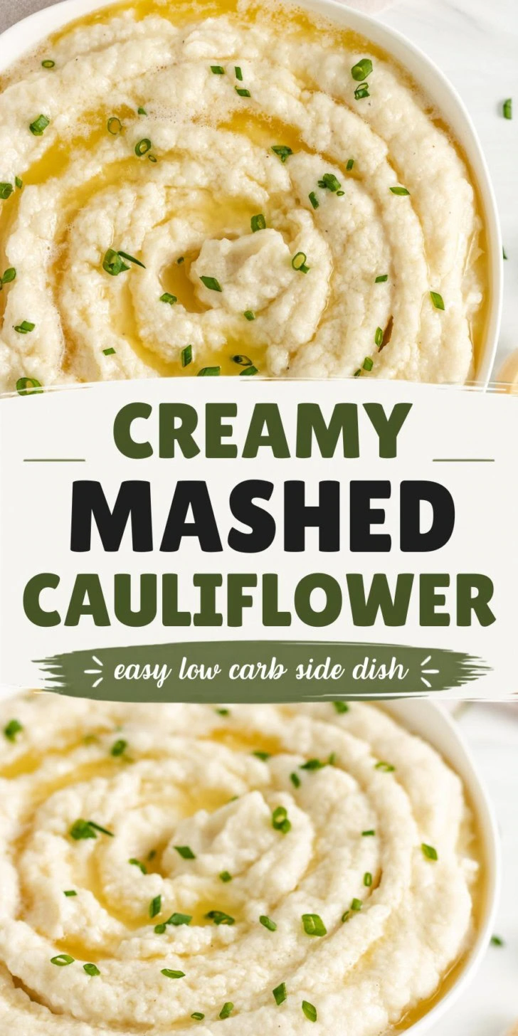 Collage showing two photos of mashed cauliflower.