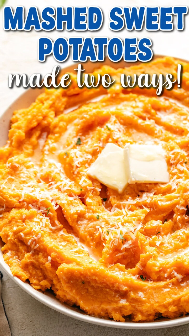 Close up view of a mashed sweet potatoes filling a serving dish.