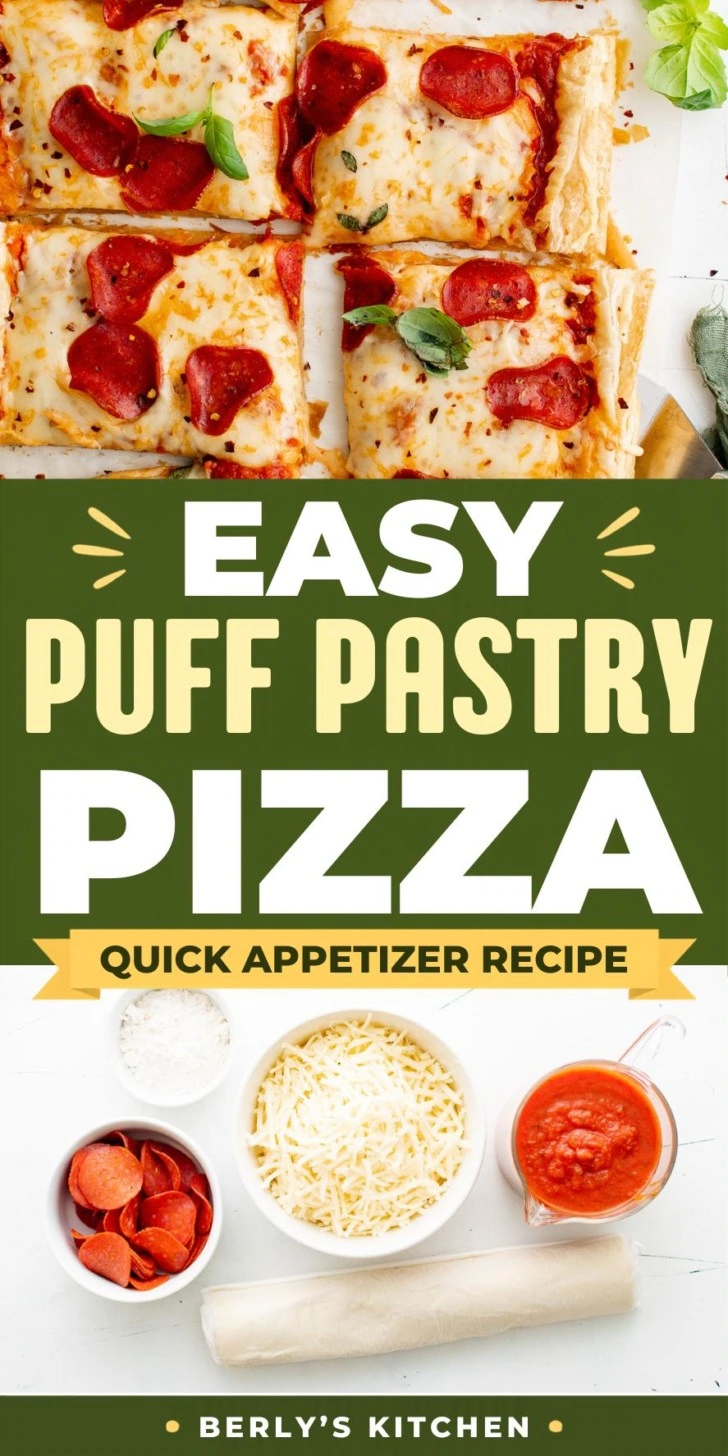 Ingredients for puff pastry pizza and a view of the finished pizza.