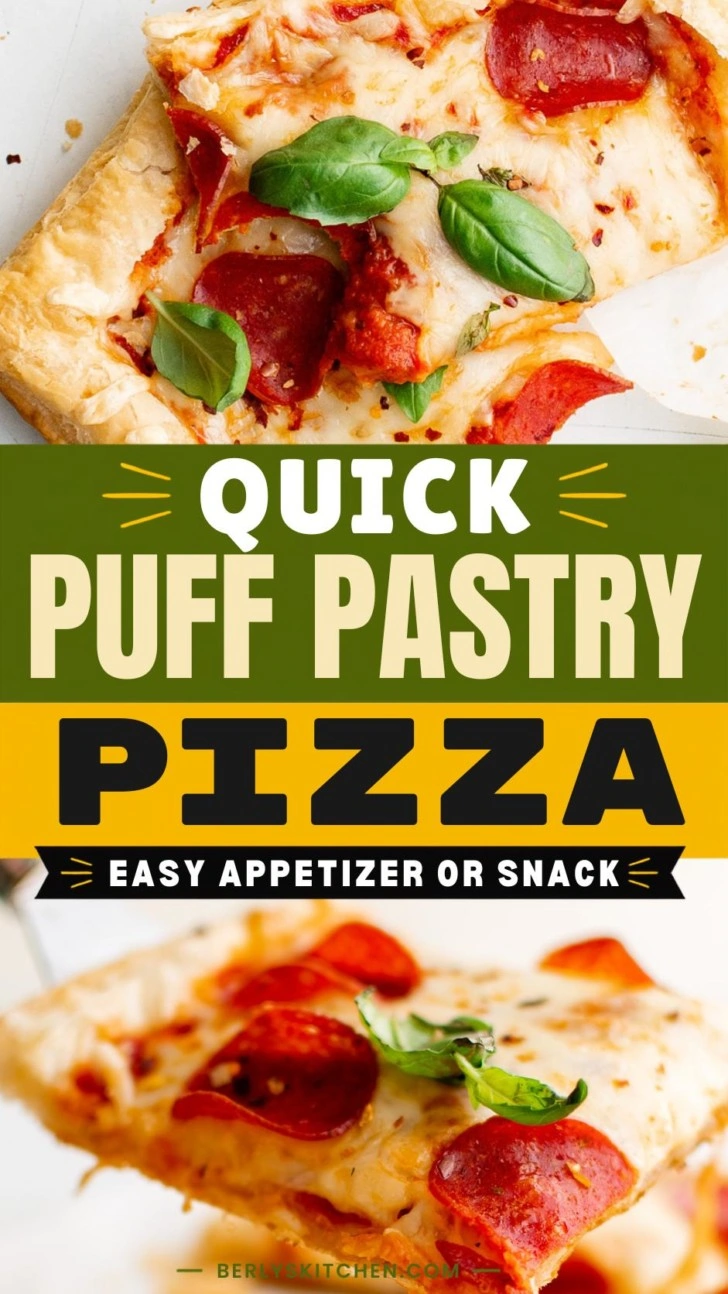 Two photos of puff pastry pizza in a collage format.