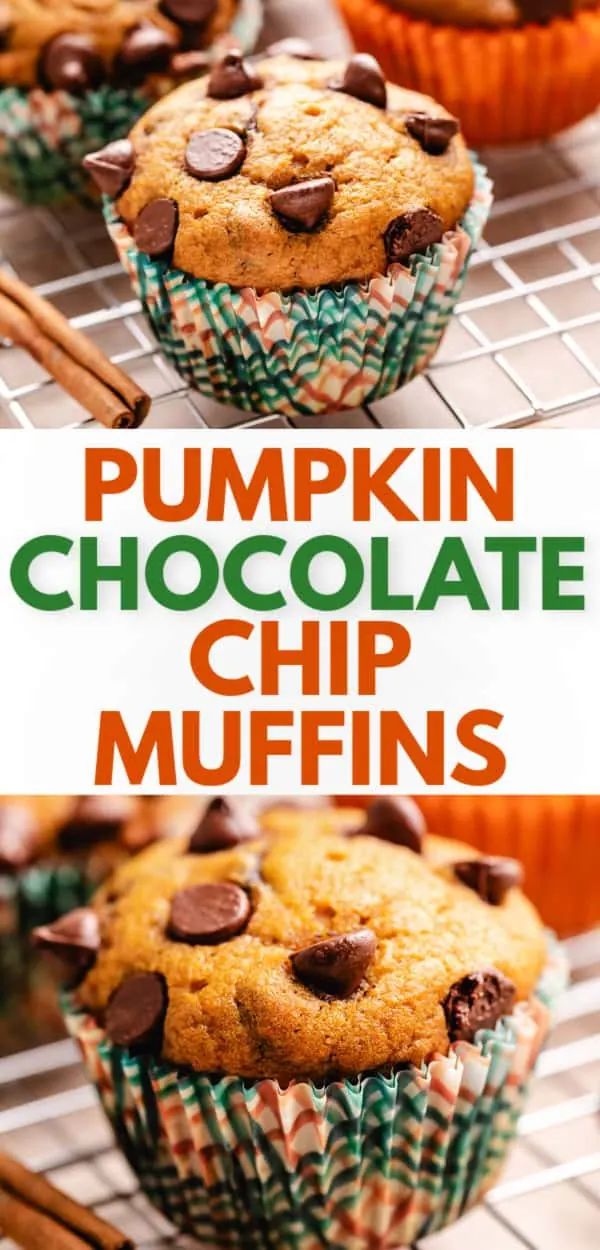 Collage showing two photos of pumpkin chocolate chip muffins.