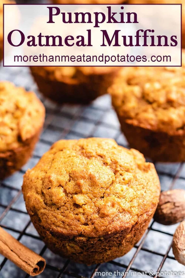 Pin showing pumpkin oatmeal muffins on a wire rack.