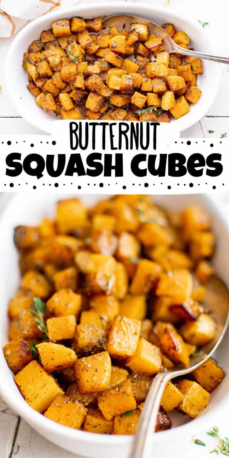 Collage showing two photos of roasted butternut squash.