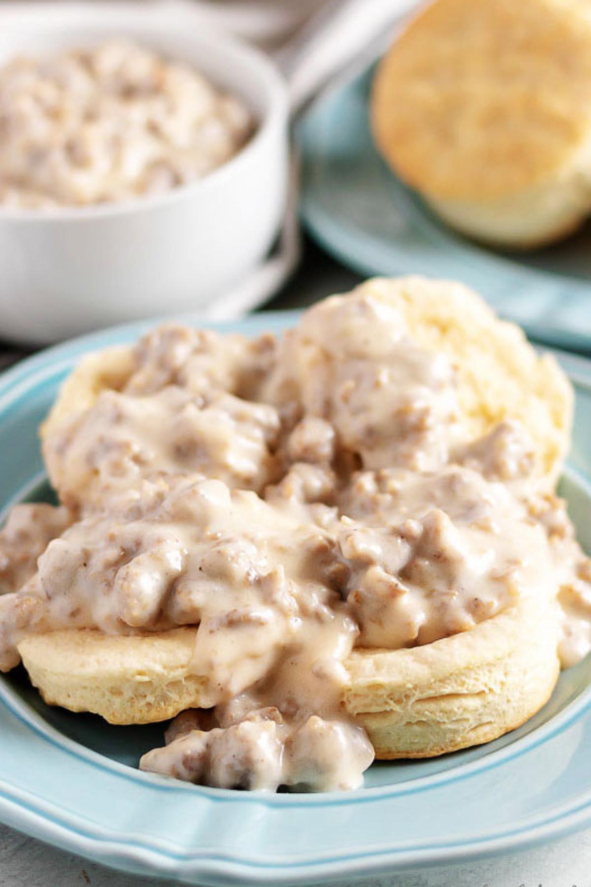Homemade sausage and gravy over biscuits.