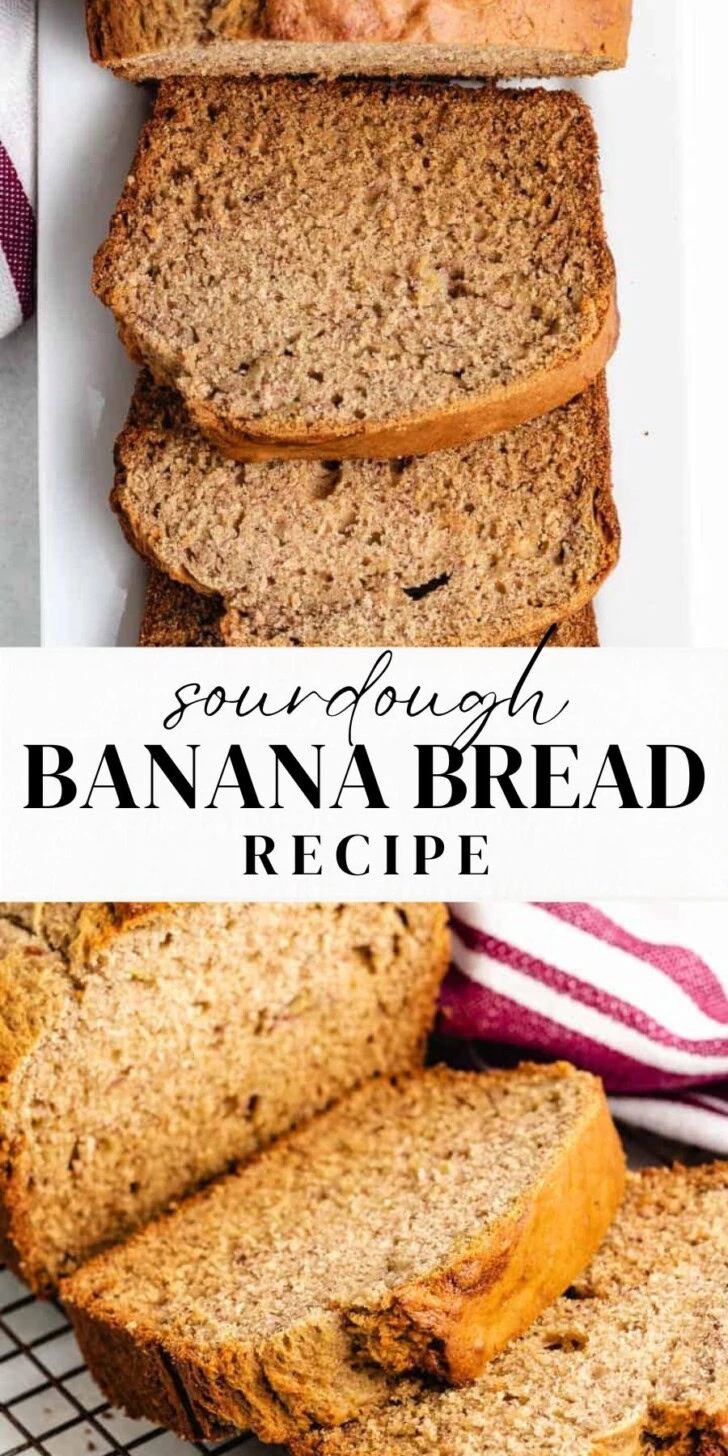 Collage showing two photos of sourdough banana bread.