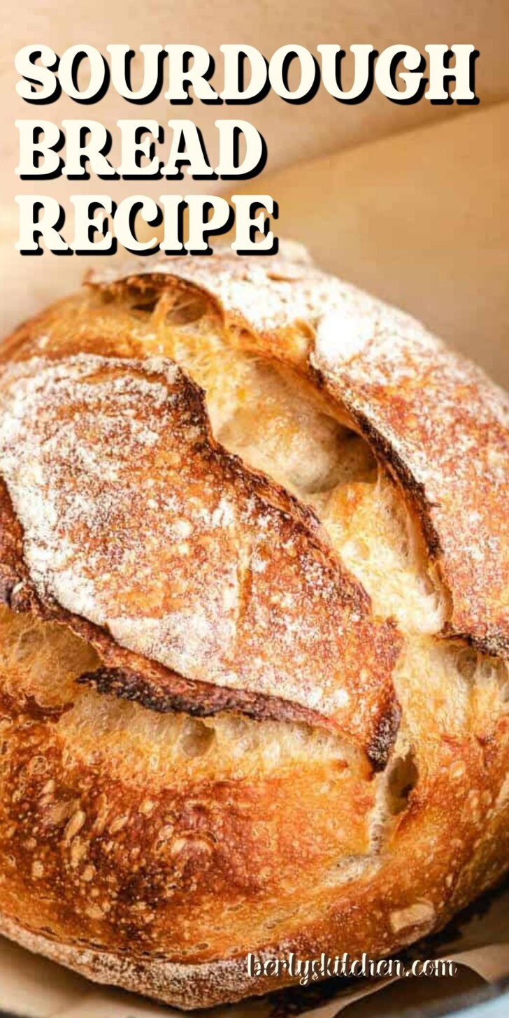 Close up view of a loaf of sourdough bread.