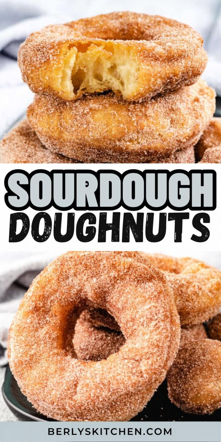 Collage showing two photos of sourdough doughnuts.